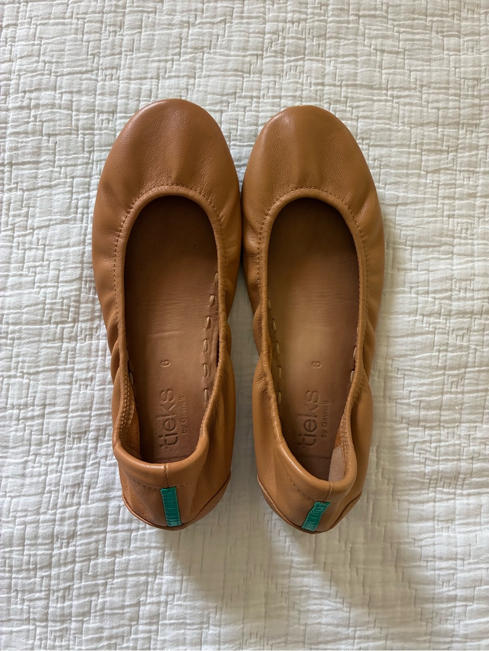 Tieks Leather Ballet Flats in Cognac with Teal Heel Tab - Picture 2 of 4